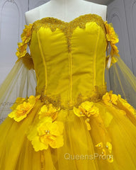 Yellow 3D Flowers Ball Gown Dress With Cape