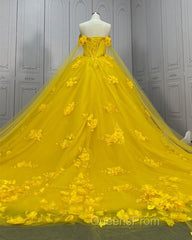 Yellow 3D Flowers Ball Gown Dress With Cape