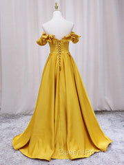 Yellow A-line Satin Long Evening Prom Dress, Yellow Formal Dress