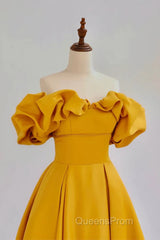 Yellow A-Line Satin Off Shoulder Long Party Dress, Yellow Formal Dress Evening Dress
