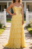 Yellow A Line Strapless Basque Waist Long Prom Dress with Tiered Ruffled Slit Skirt