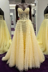 Yellow A-Line Strapless Multi-Layers Sweetheart Tulle Beaded Long Evening Prom Dress With Slit