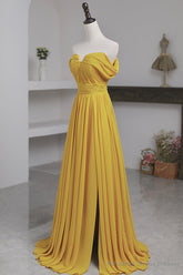 Yellow Chiffon Long A-Line Prom Dress, Simple Yellow Evening Dress with Slit