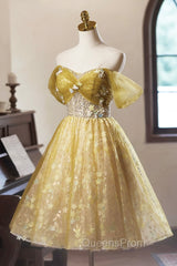 Yellow Floral Tulle Knee Length Evening Prom Dress, Lovely A-Line Evening Party Dress