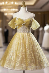 Yellow Floral Tulle Knee Length Evening Prom Dress, Lovely A-Line Evening Party Dress