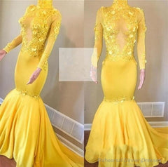 Yellow High Neck Flower Appliques Mermaid Long Sleevess Prom Dresses