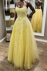 Yellow Lace Backless A Line Long Evening Prom Dress Open Back Formal Dress Yellow Evening Dress