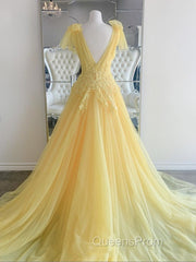 Yellow Long A-line V Neck Lace Tulle Backless Formal Graduation Evening Prom Dress