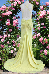 Yellow Mermaid Long Prom Dresses Shiny Evening Prom Dresses