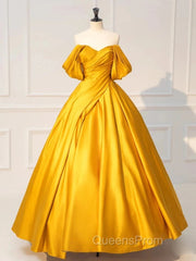 Yellow Off Shoulder Satin Long Evening Prom Dress Quinceanera Dress