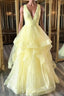 Yellow Evening Prom Dress A Line Deep V Neck Light Long Party Evening Dress with Ruffles