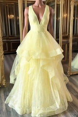 Yellow Evening Prom Dress A Line Deep V Neck Light Long Party Evening Dress with Ruffles