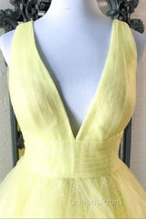 Yellow Evening Prom Dress A Line Deep V Neck Light Long Party Evening Dress with Ruffles