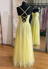 Yellow Evening Prom Dress, A-line Sweetheart Spaghetti Straps Long/Floor-Length Tulle Evening Prom Dress With Pleated Glitter