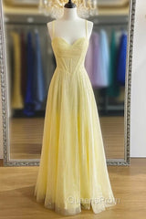Yellow Evening Prom Dress, A-line Sweetheart Spaghetti Straps Long/Floor-Length Tulle Evening Prom Dress With Pleated Glitter