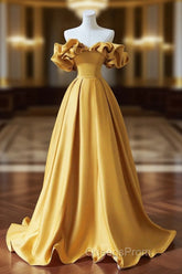Yellow Saitn Long Evening Prom Dress, Off Shoulder Evening Party Dress