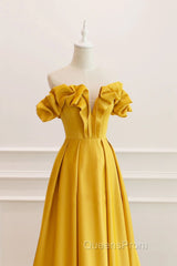 Yellow Satin A-Line Sweetheart Off Shoulder Party Dress, Yellow Long Evening Prom Dress