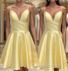 Yellow Satin Short Graduation Evening Prom Dress ,Spaghetti Straps Homecoming Dress