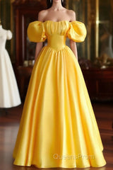 Yellow Satin Short Sleeves Party Dress, Yellow Satin Evening Prom Dress Formal Dress