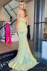 Yellow Sequin Appliques Scoop Neck Mermaid Long Prom Dress with Slit