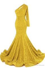 Yellow Sequins Mermaid Prom Dresses One Shoulder Evening Dresses Floor Length Wedding Party Gowns