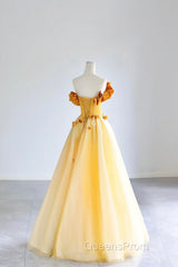 Yellow Tulle Applique Long Evening Prom Dress, Off The Shoulder Sleeveless Backless Long Formal Evening Dress