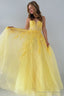 Yellow Tulle Appliques Lace-Up A-Line Long Prom Dress
