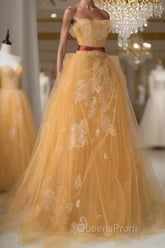 Yellow tulle lace long Evening Prom Dress, yellow tulle formal Dress