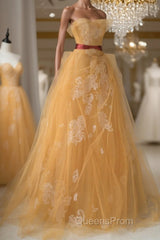 Yellow tulle lace long Evening Prom Dress, yellow tulle formal Dress