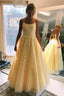 Yellow Tulle Spaghetti Straps Scoop A-Line Classy Prom Dress With Appliques