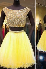 Yellow Two Piece Cap Sleeve Homecoming Dress Beaded