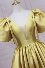 Yellow V-Neck Satin Long Evening Prom Dress, A-Line Puff Sleeves Evening Party Dress