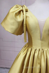 Yellow V-Neck Satin Long Evening Prom Dress, A-Line Puff Sleeves Evening Party Dress