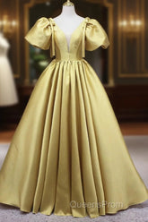 Yellow V-Neck Satin Long Evening Prom Dress, A-Line Puff Sleeves Evening Party Dress