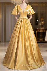 Yellow V-Neck Satin Long Evening Prom Dress, Yellow A-Line Short Sleeve Evening Dress