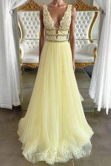 Yellow v neck tulle lace long Evening Prom Dress, yellow tulle lace evening Dress