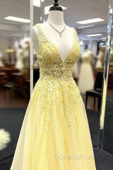 Yellow V Neck Tulle Lace Evening Prom Dress Evening Dress