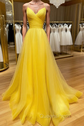 Yellow v neck tulle long Evening Prom Dress yellow formal Dress