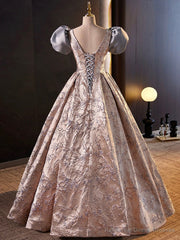 Stylish Floor-Length Printing Prom Dresses, A-Line Short Sleeve Backless Evening Formal Dresses