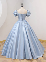 Blue Satin Floor Length Prom Dress with Bow, Blue A-Line Evening Formal Dress
