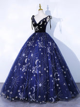 Navy Blue Tulle Long Prom Dress, Spaghetti Straps Lace Flower Backless Evening Dress