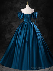 Blue Satin Off the Shoulder Floor Length Prom Dress, Blue A-Line Party Dress