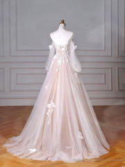 Champagne Tulle Lace Sweetheart Neck Long Formal Dress, A-Line Puff Sleeves Party Dress