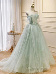 Zoom Light Green Tulle Beaded Sweetheart Long Evening Prom Dress, A-Line Green Formal Dress