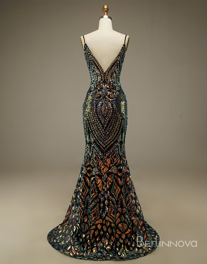 Bridesmaids Dresses Long Sleeves, Mermaid Glitter Spaghetti Straps V Neck Long Prom Dress