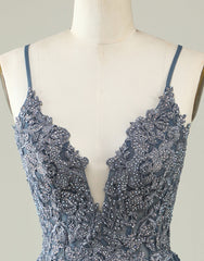 Small Wedding Ideas, Grey Blue Corset Back Tulle Homecoming Dress With Appliques