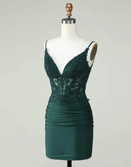 Bridesmaids Dresses Formal, Spaghetti Straps Dark Green Short Tight Homecoming Party Dress