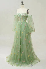 Black Tie Wedding, Green Off The Shoulder Long Sleeves A-Line Prom Dress With Embroidery