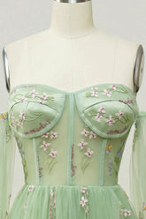 Summer Wedding, Green Off The Shoulder Long Sleeves A-Line Prom Dress With Embroidery