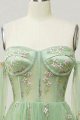 Summer Wedding, Green Off The Shoulder Long Sleeves A-Line Prom Dress With Embroidery